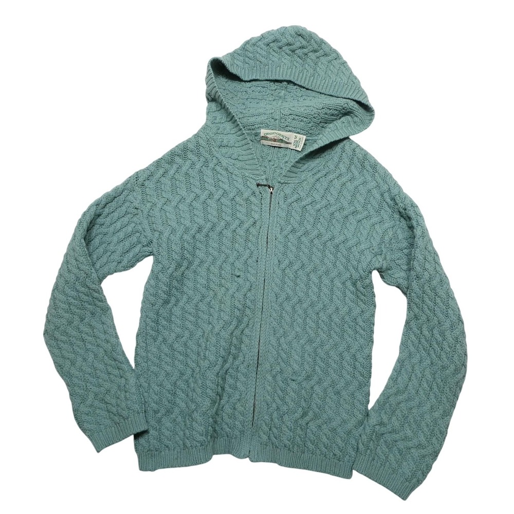 Aran Crafts Sweater Womens Medium Green Merino Wool Hooded Zip Cable Ireland